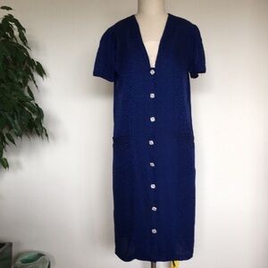 1980s royal blue silk shift dress with neckline modesty panel, short sleeves, S